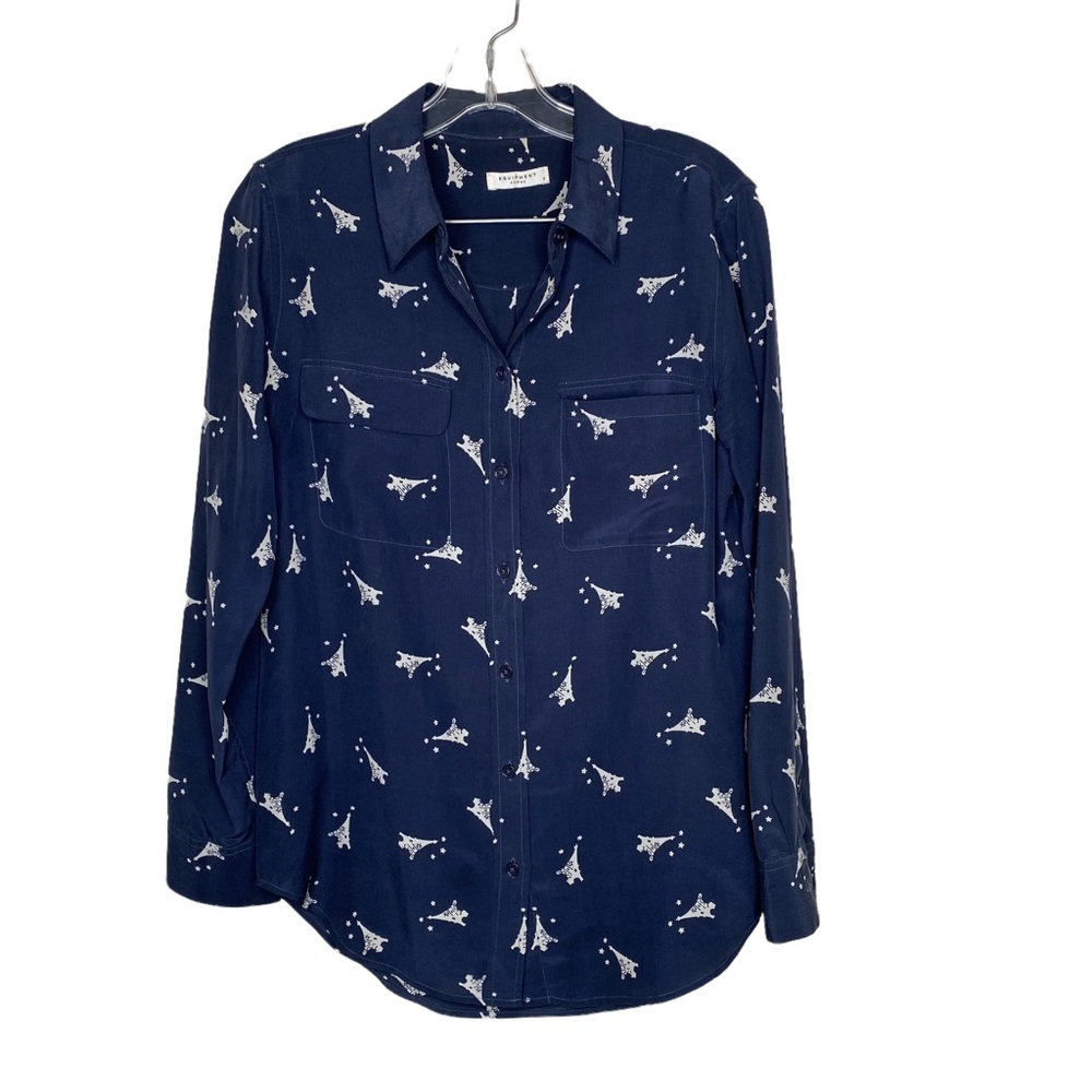 Equipment Navy Blue Button Down Shirt with White Print